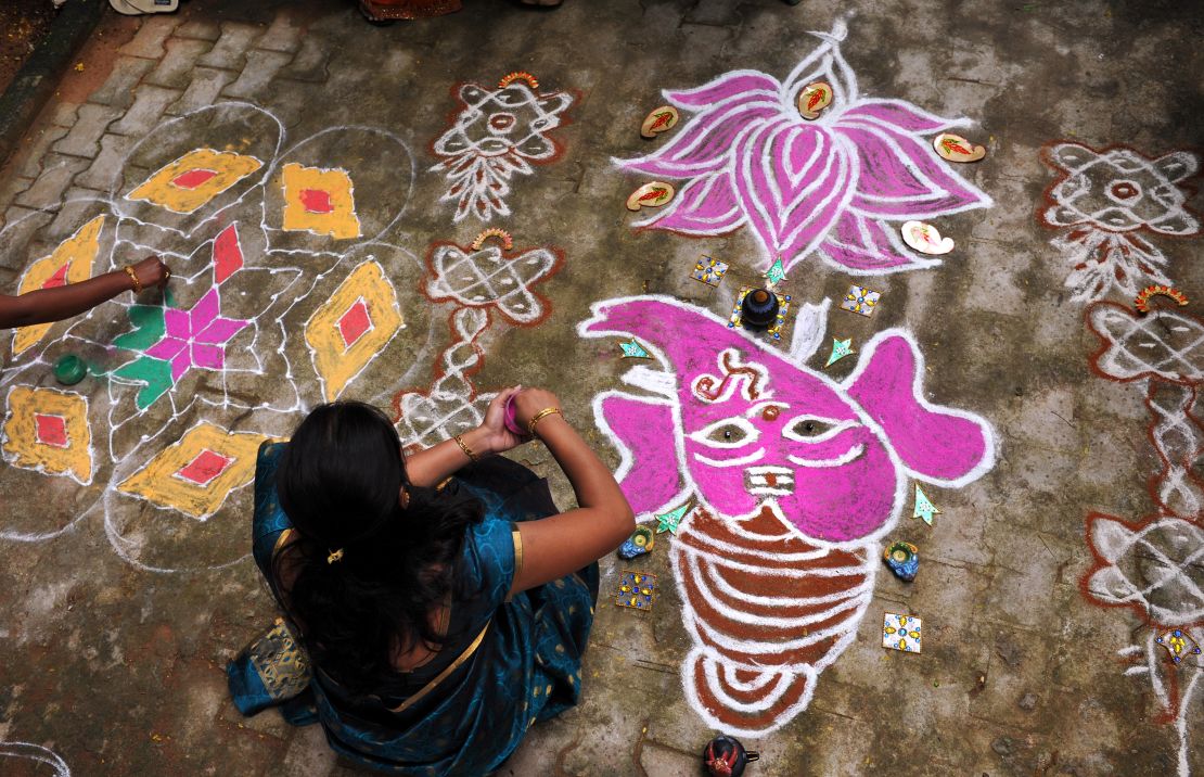 In villages, the rangolis are sometimes drawn on top of fresh cow dung.