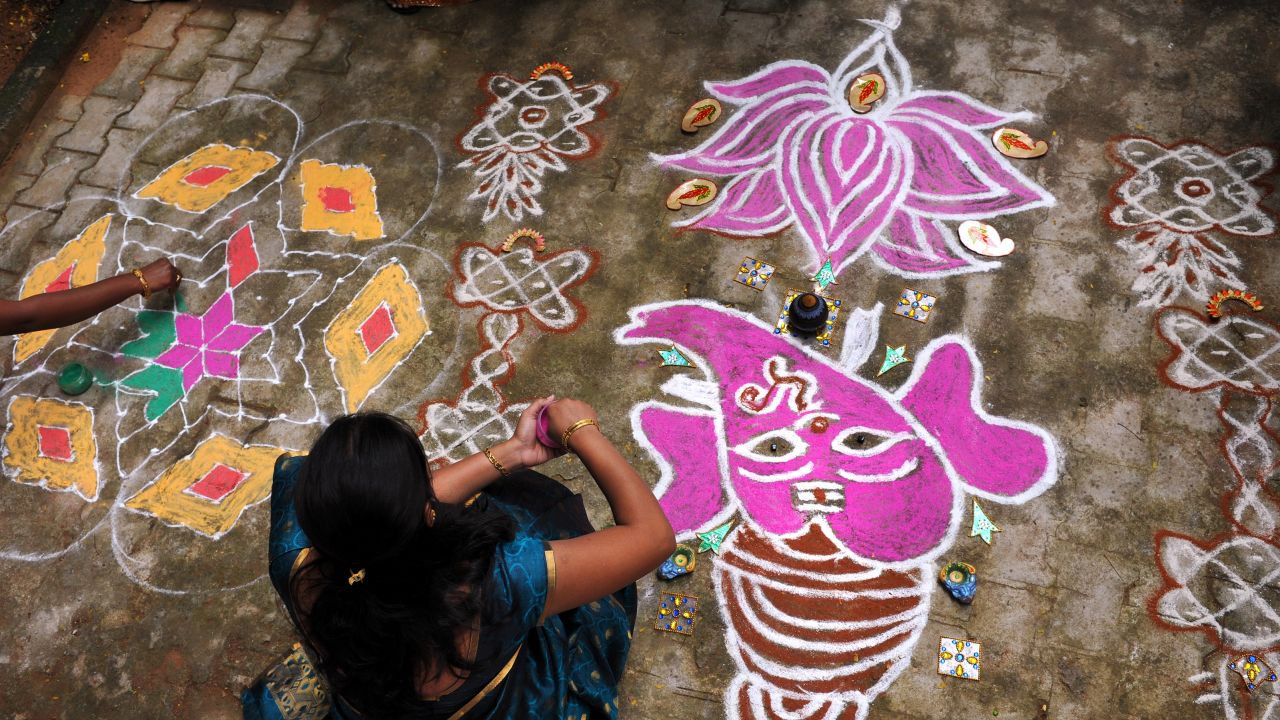 In villages, the rangolis are sometimes drawn on top of  fresh cow dung.