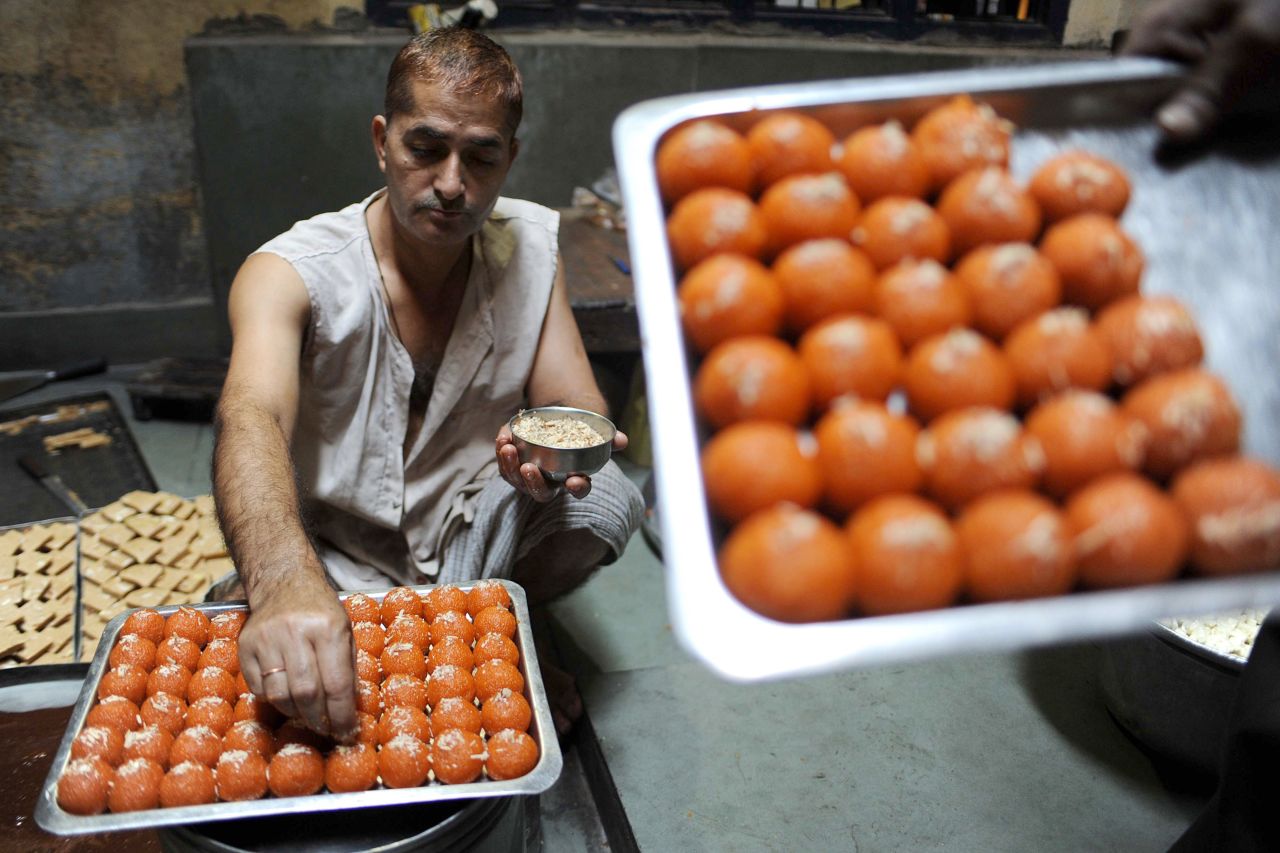 Traditional sweets, known as mithai, are in heavy demand during Diwali. Among them include karanji, a pastry stuffed with dried fruit, semolina and coconut, laddoos (ball-shaped sweets), puran poli (sweet stuffed flatbread), poori  (fried bread), gulab jamun (sticky ball-shaped dessert), kheer (Indian rice pudding) and jalebi (deep-fried chewy dessert).