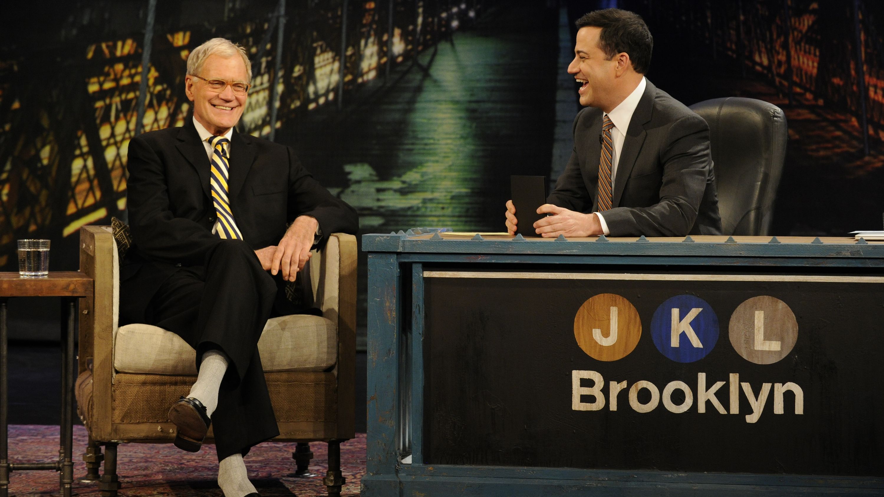 David Letterman appeared on "Jimmy Kimmel Live" in 2012. 
