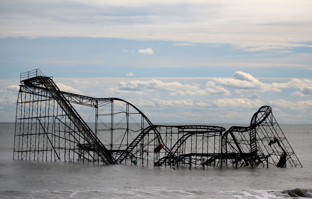 A roller coaster sits in the Atlantic Ocean on Thursday after the Fun Town pier it sat on in Seaside Heights, New Jersey<strong>, </strong>was destroyed by Superstorm Sandy. 