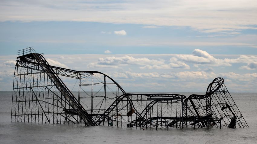 A roller coaster sits in the Atlantic Ocean after the Fun Town pier it sat on was destroyed by Superstorm Sandy on Thursday, November 1, in Seaside Heights, New Jersey. With the death toll continuing to rise and millions of homes and businesses without power, the U.S. east coast is attempting to recover from the effects of floods, fires and power outages brought on by the storm.