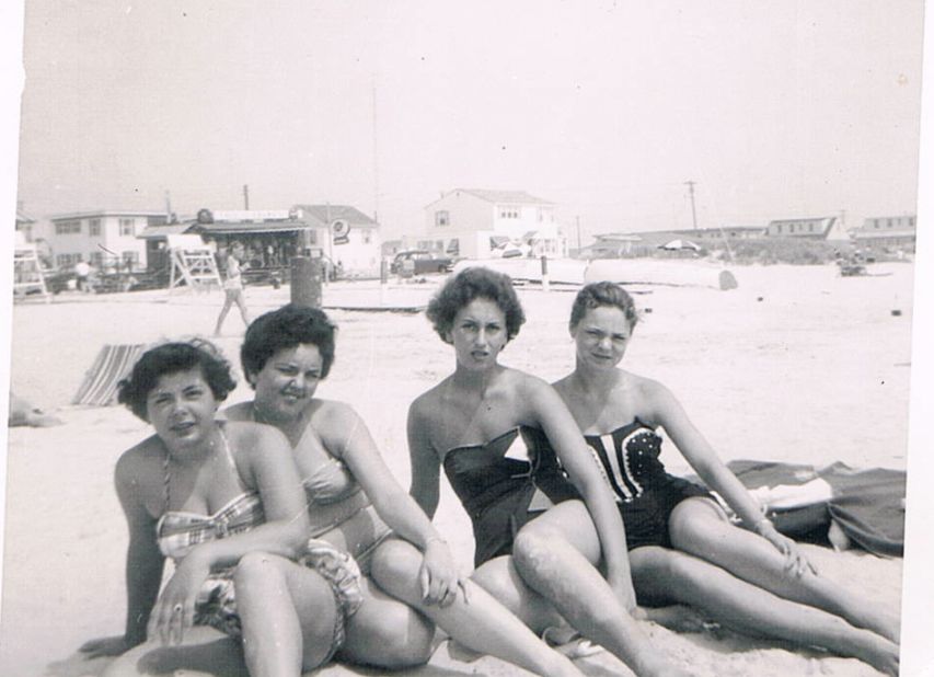 My mom (far right) and my Aunt Olivia (next to my mom) at the shore, 1958