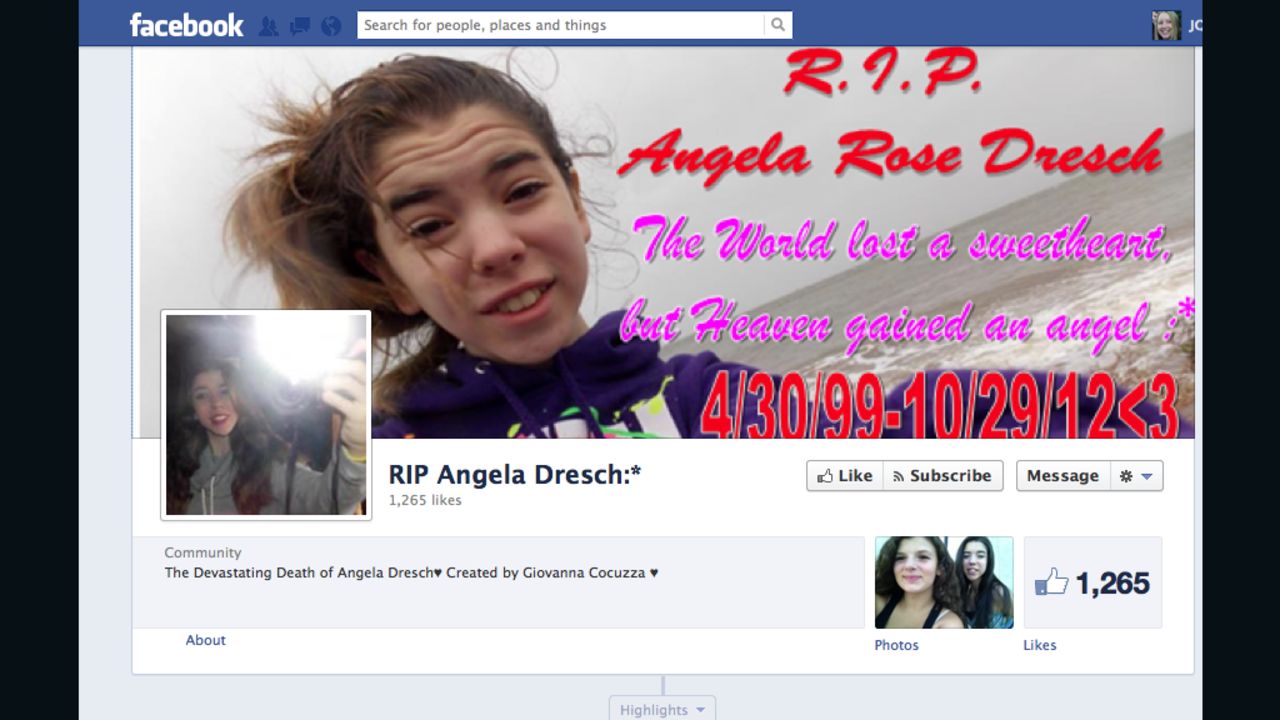 Friends of Angela Dresch have set up a Facebook page in the 13-year-old's memory after she died in Superstorm Sandy.