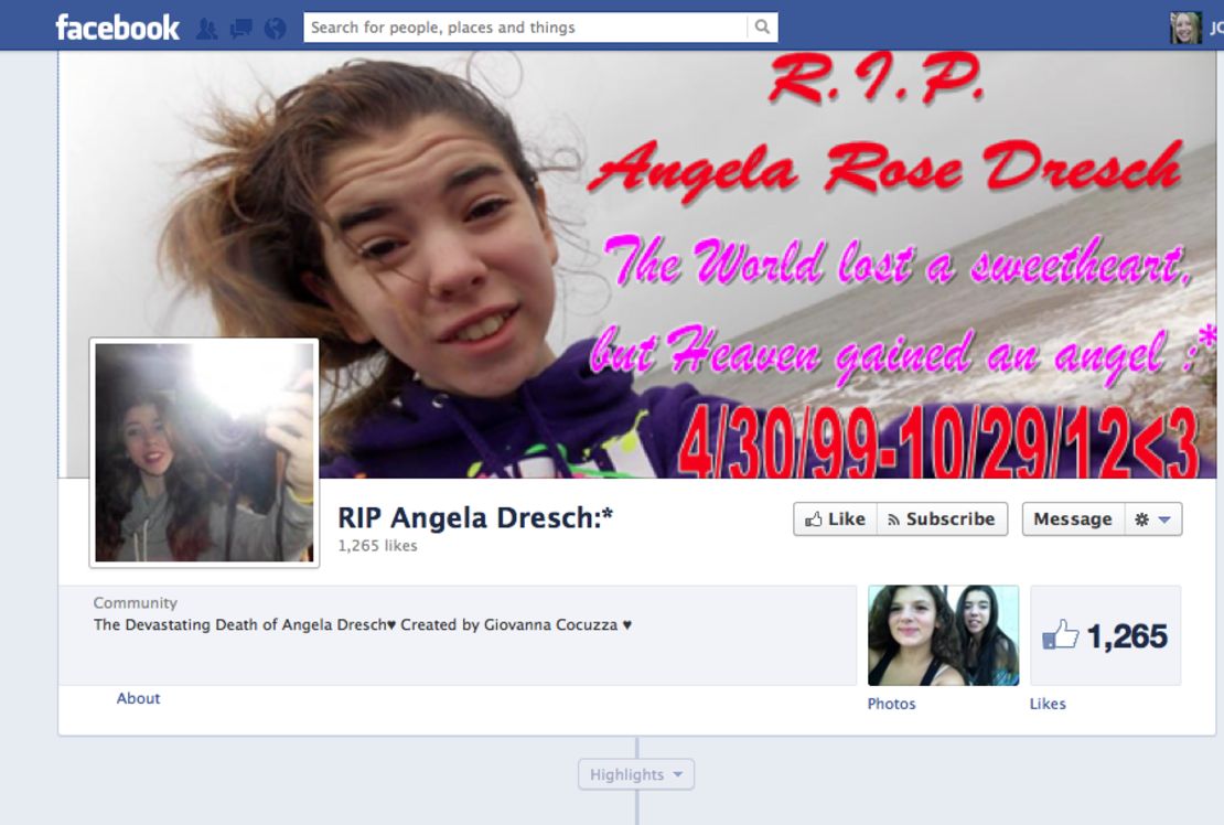 Friends of Angela Dresch have set up a Facebook page in the 13-year-old's memory after she died in Superstorm Sandy.