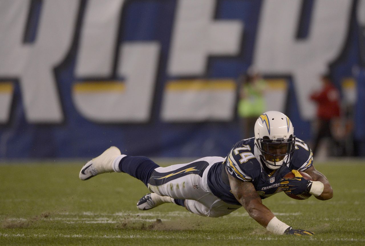 Ryan Matthews of the Chargers takes a dive during the game against the Chiefs.