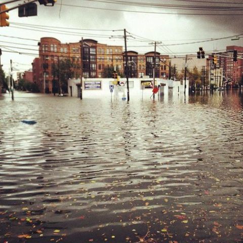 An intersection in Jersey City is washed out, a day after Sandy's landfall in New Jersey. 