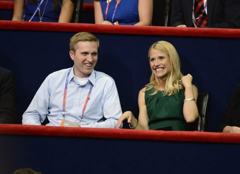 Mitt Romney's son Ben watches the proceedings during the 2012 GOP convention with Janna Ryan, vice presidential candidate Paul Ryan's wife.