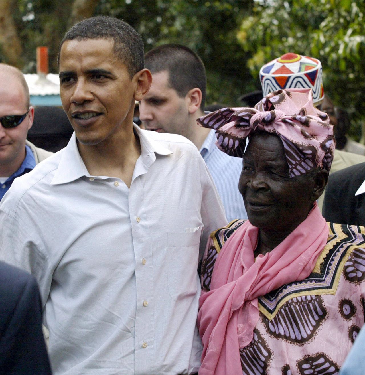 President Obama greets his grandmother, Sarah Obama, at her  home in Siaya, Kisumu, Kenya, in 2006.