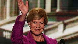 CHARLOTTE, NC - SEPTEMBER 06: U.S. Rep. Tammy Baldwin (D-WI) waves on stage during the final day of the Democratic National Convention at Time Warner Cable Arena on September 6, 2012 in Charlotte, North Carolina. The DNC, which concludes today, nominated U.S. President Barack Obama as the Democratic presidential candidate. 