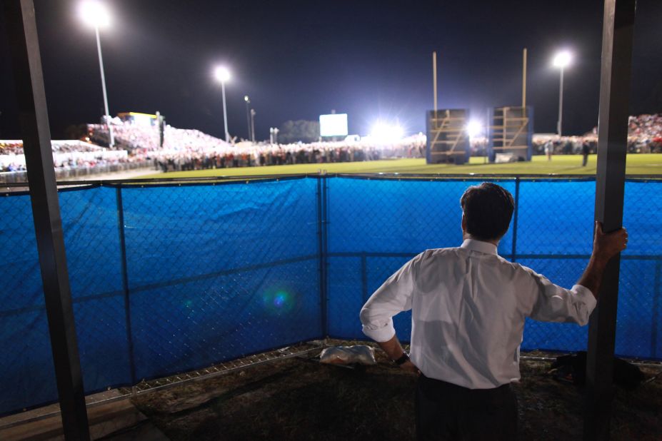 Romney waits backstage before speaking to thousands at the football field at Land O' Lakes High School in Florida on Oct. 27, 2012. 
