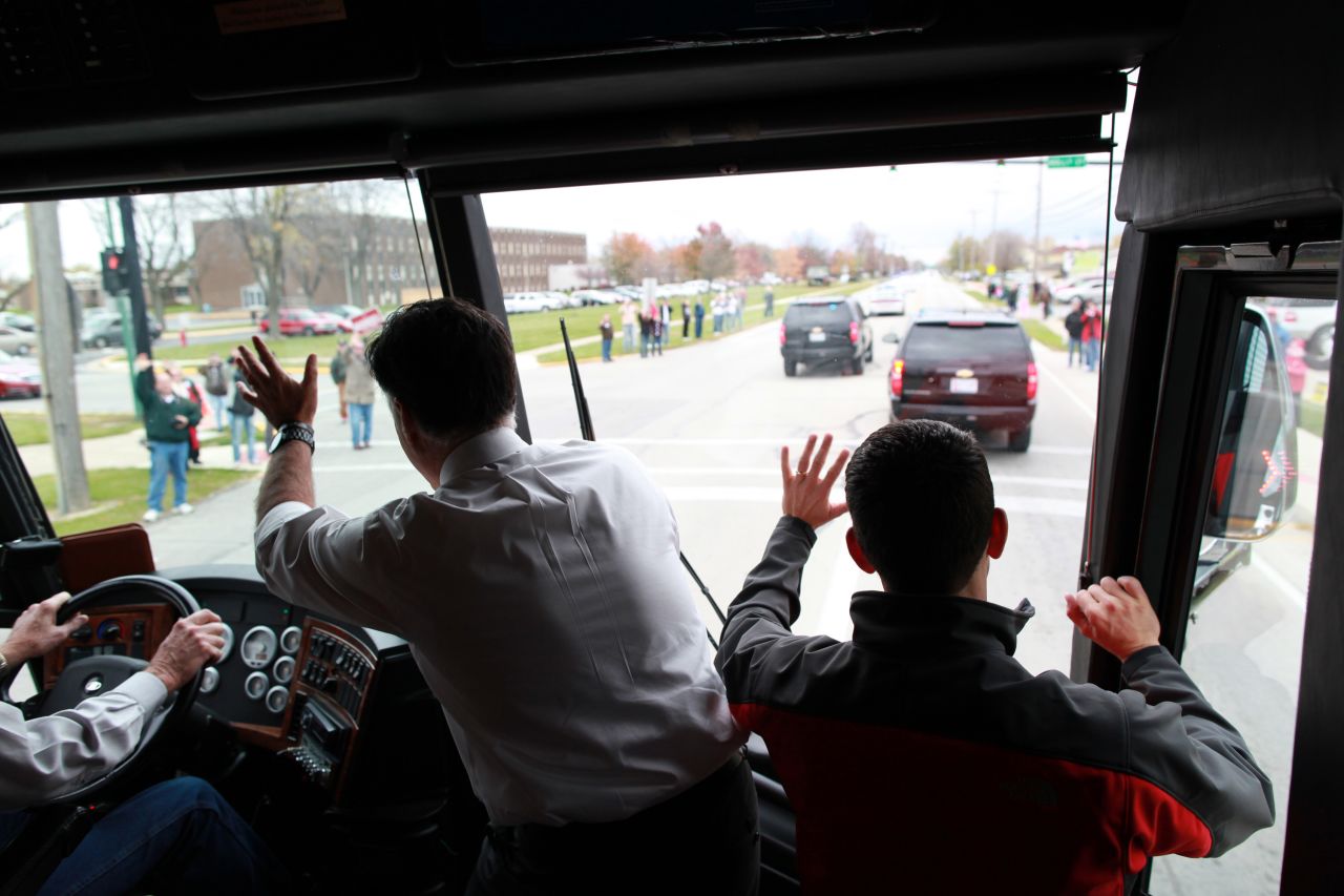 Romney and Rep. Paul Ryan wave aboard their campaign bus in Celina, Ohio, on Oct. 28, 2012. 