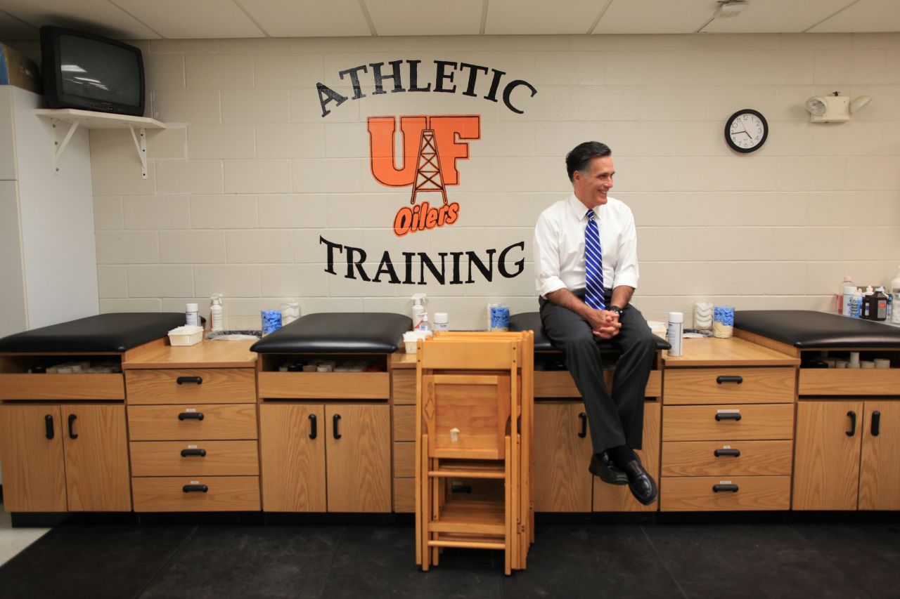 Romney waits backstage inside a training room before a rally at the University of Findlay in Findlay, Ohio, on Oct. 28, 2012. 