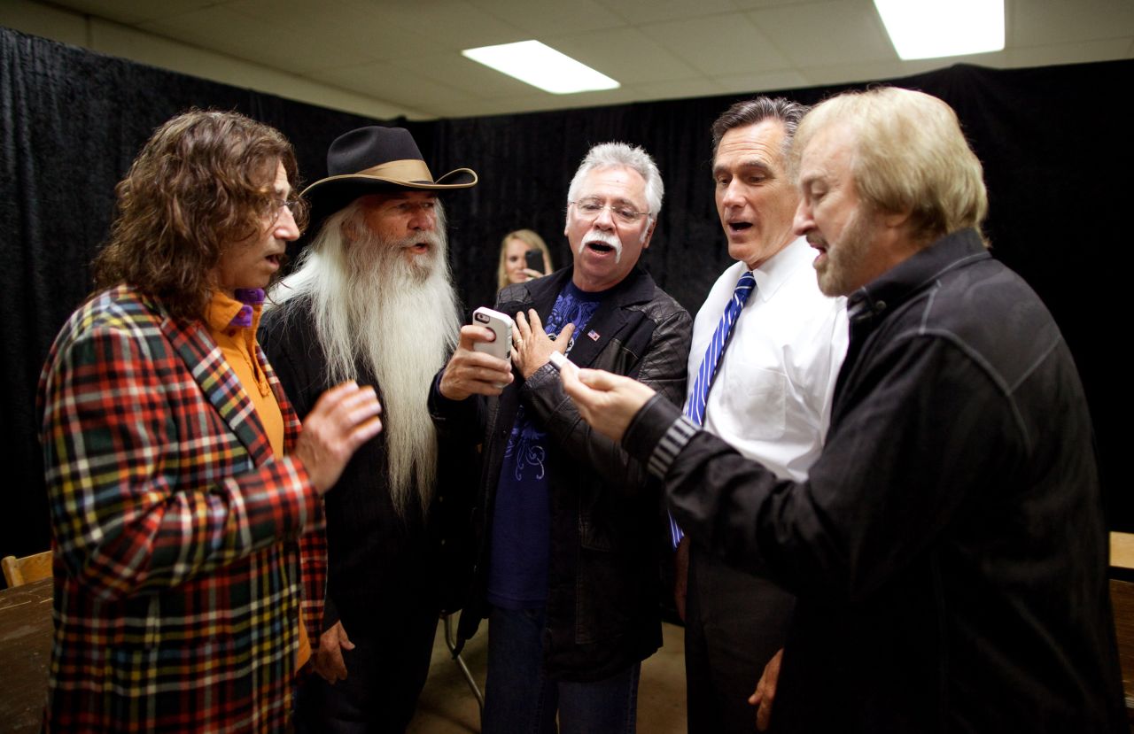 Romney sings with the Oak Ridge Boys backstage before a rally in Marion, Ohio, on Oct. 28, 2012. 
