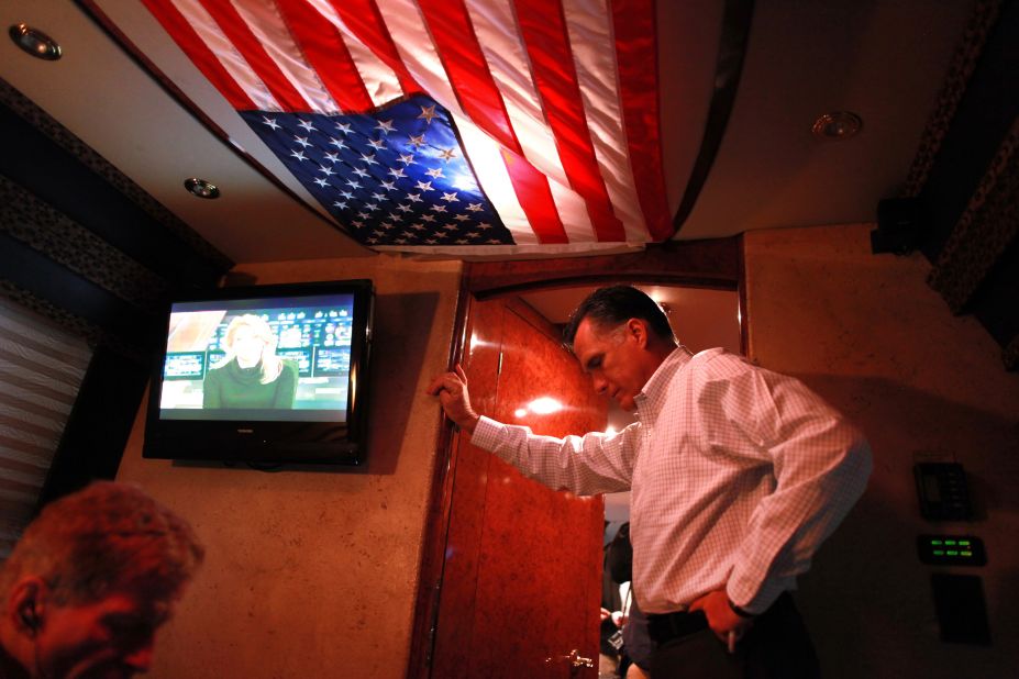 Romney pauses aboard his campaign bus in Mansfield, Ohio, on Oct. 28, 2012. 
