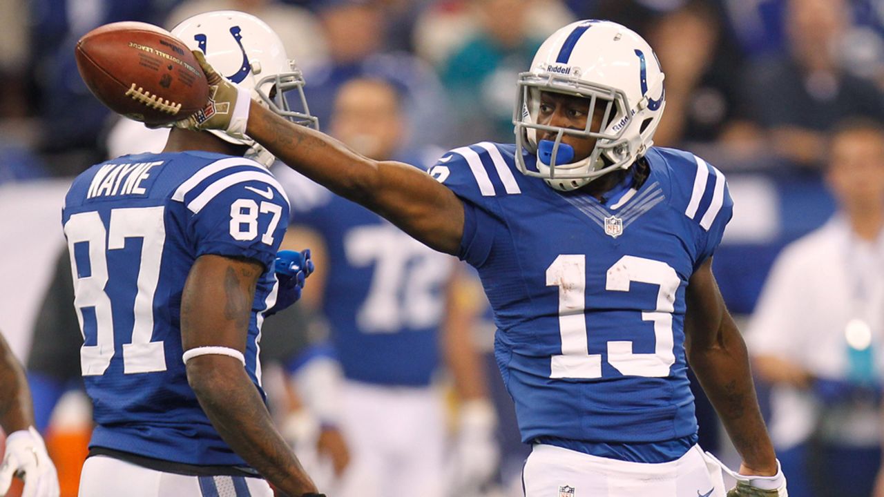 T.Y. Hilton of the Colts celebrates a first quarter first down catch while playing the Dolphins on Sunday.