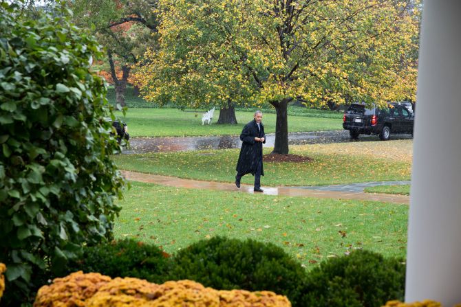 After cancelling an appearance at a campaign event in order to return to Washington to monitor the response to Hurricane Sandy, Obama arrives at the White House on Oct. 29, 2012. 