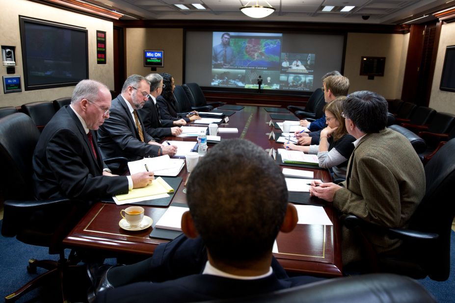 Obama receives an update on the response to Hurricane Sandy in the Situation Room of the White House on Oct. 29 2012. 