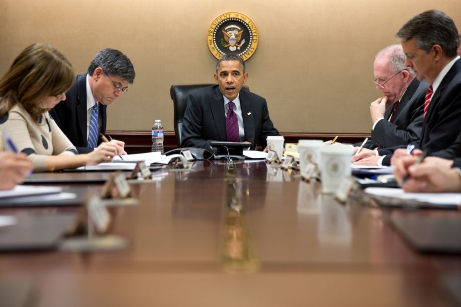 Obama receives an update on the Hurricane Sandy response in the Situation Room of the White House on Oct. 30, 2012. 
