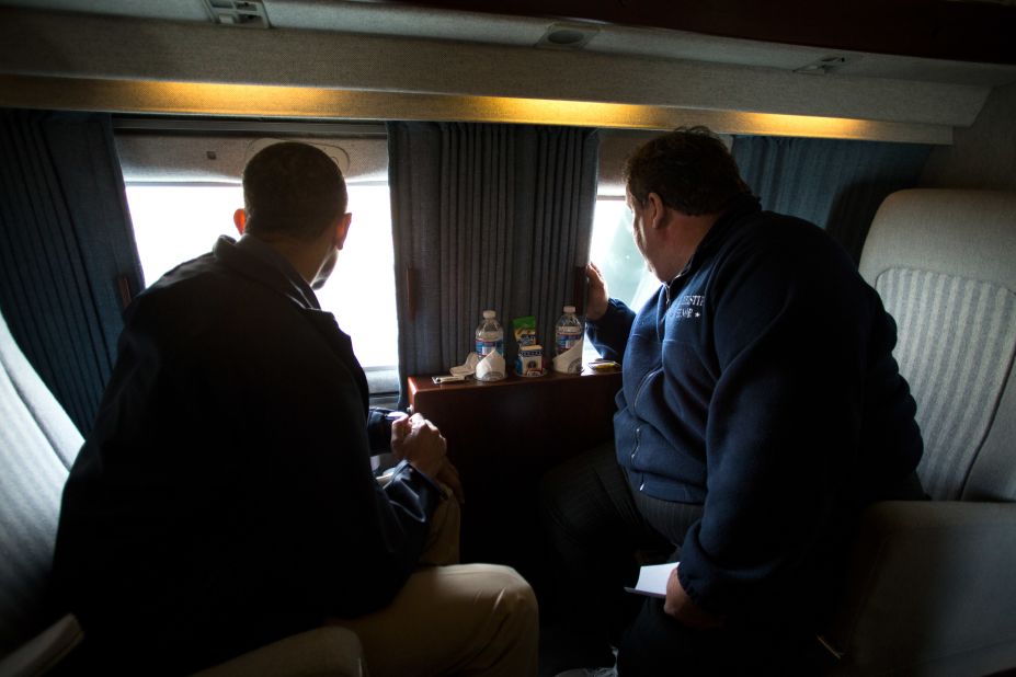 Obama and New Jersey Gov. Chris Christie look at storm damage along the coast of New Jersey on Marine One on Oct. 31, 2012.