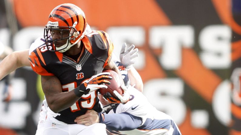 Brandon Tate of the Cincinnati Bengals runs the ball upfield against the Denver Broncos at Paul Brown Stadium on Sunday in Cincinnati.