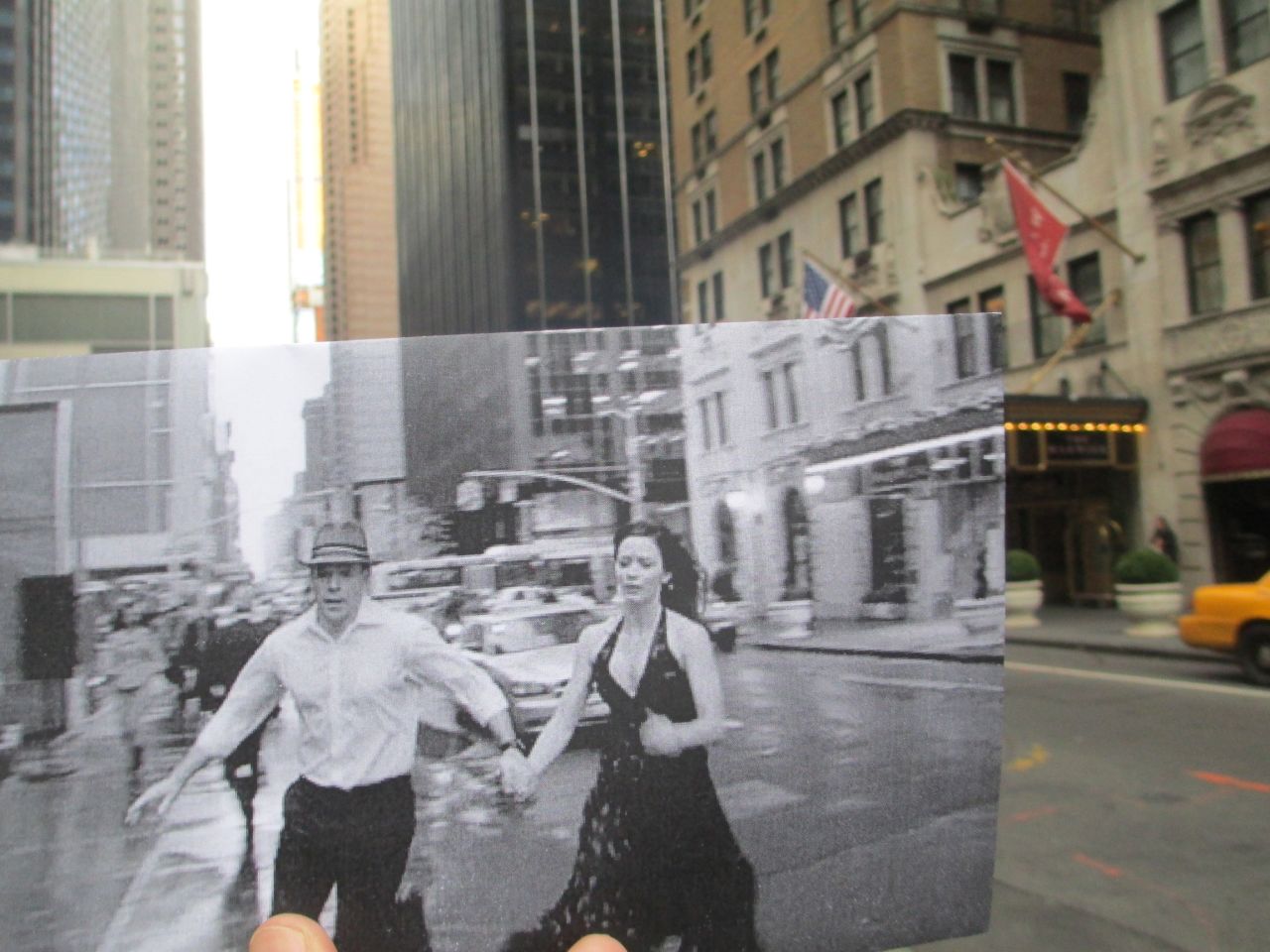 Matt Damon and Emily Blunt race past The Warwick Hotel at 54th Street and 6th Avenue in Manhattan. Film fans will recognize the hotel from the Jack Lemmon film "How to Murder Your Wife." In the background you can see the Hilton Hotel featured in "Michael Clayton" and "Malcolm X."
