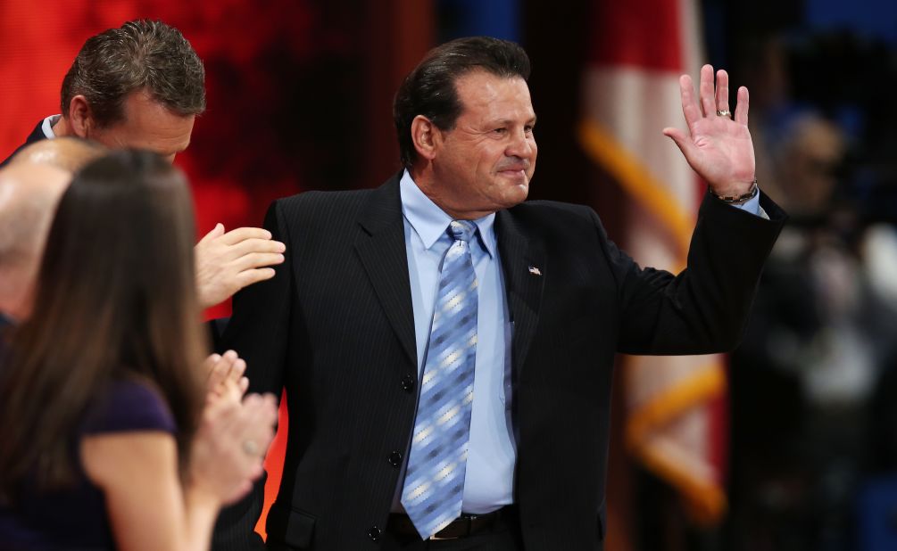 Michael Eruzione, who captained the United States' ice hockey team to their stunning 'Miracle on Ice' victory over the Soviet Union in 1980, is introduced at the Republican National Convention in August, when he gave his backing to Romney. 
