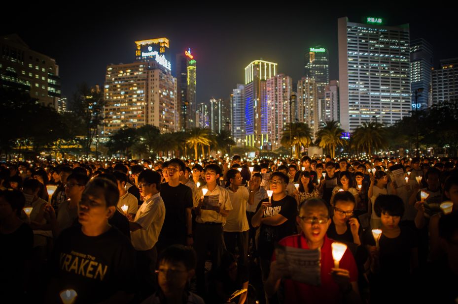 But respect for human rights is the biggest concern for many in the city, as this candlelight vigil on June 4, 2012, held to mark the crackdown on the pro-democracy movement in Beijing's Tiananmen Square in 1989, shows.