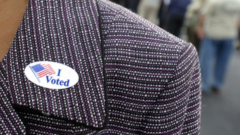 A voter displays an "I Voted" sticker on her lapel after voting early in Wilson, North Carolina, on October 18.