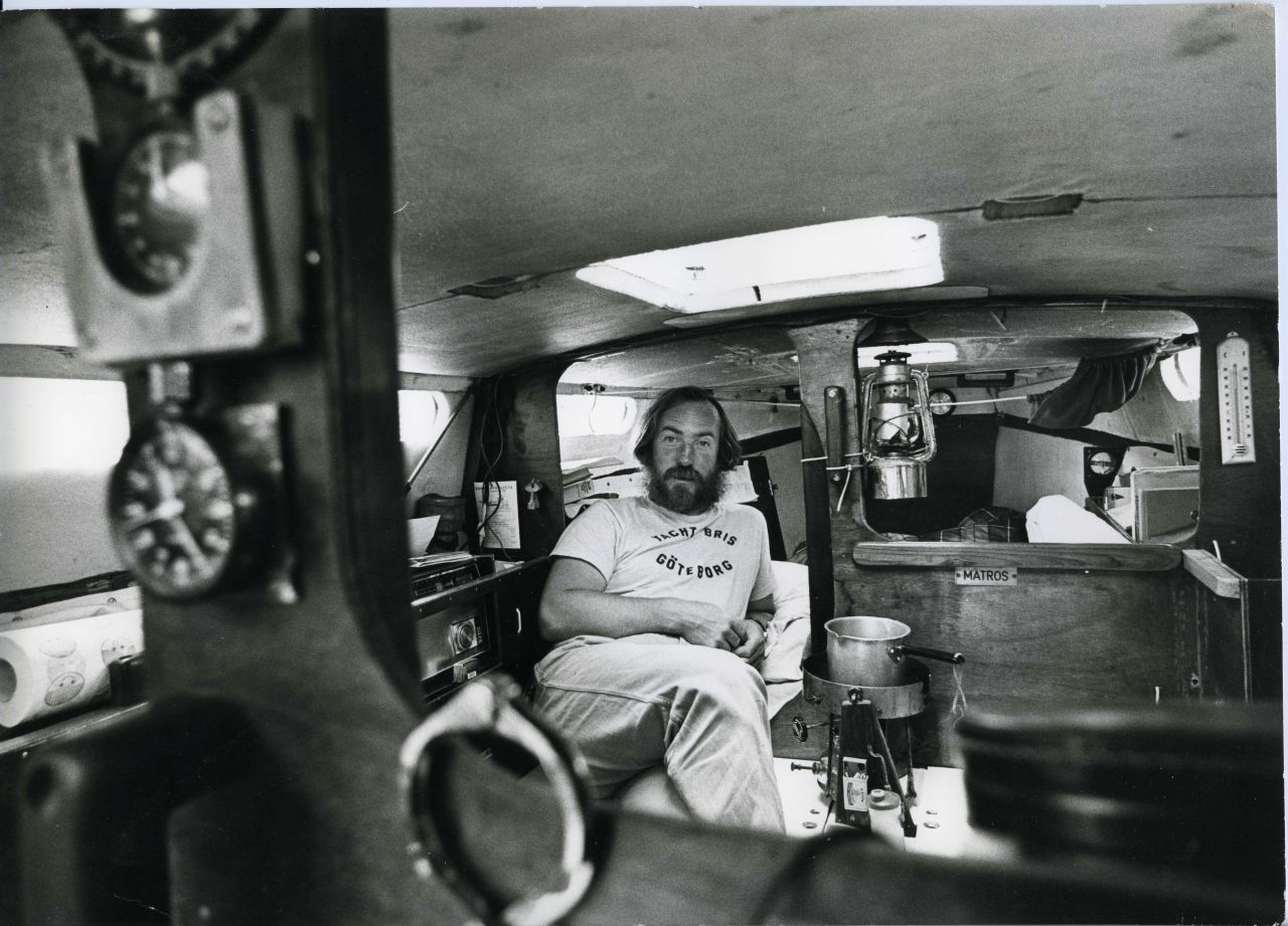 Yrvind in the six meter yacht he built in his mother's basement and sailed from Sweden to Newport in 1983. The boat is now on display at the Museum of Yachting in Newport, Rhode Island.