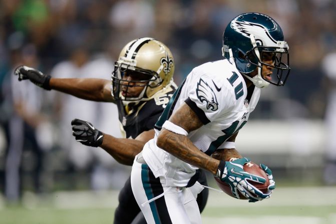 DeSean Jackson of the Philadelphia Eagles runs past Jonathan Vilma of the New Orleans Saints on Monday.