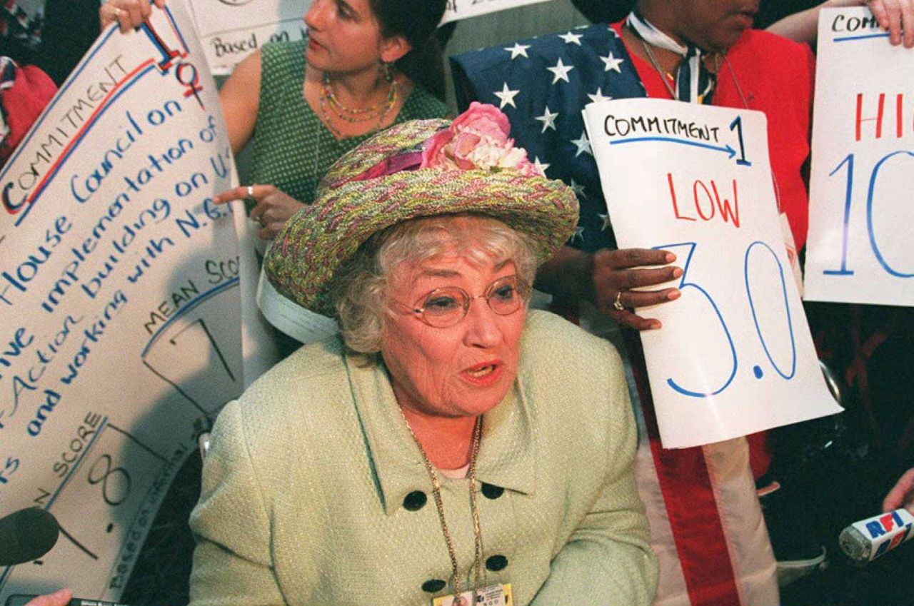 Former U.S. congresswoman and leading feminist Bella Abzug talks to journalists in China in 1995.