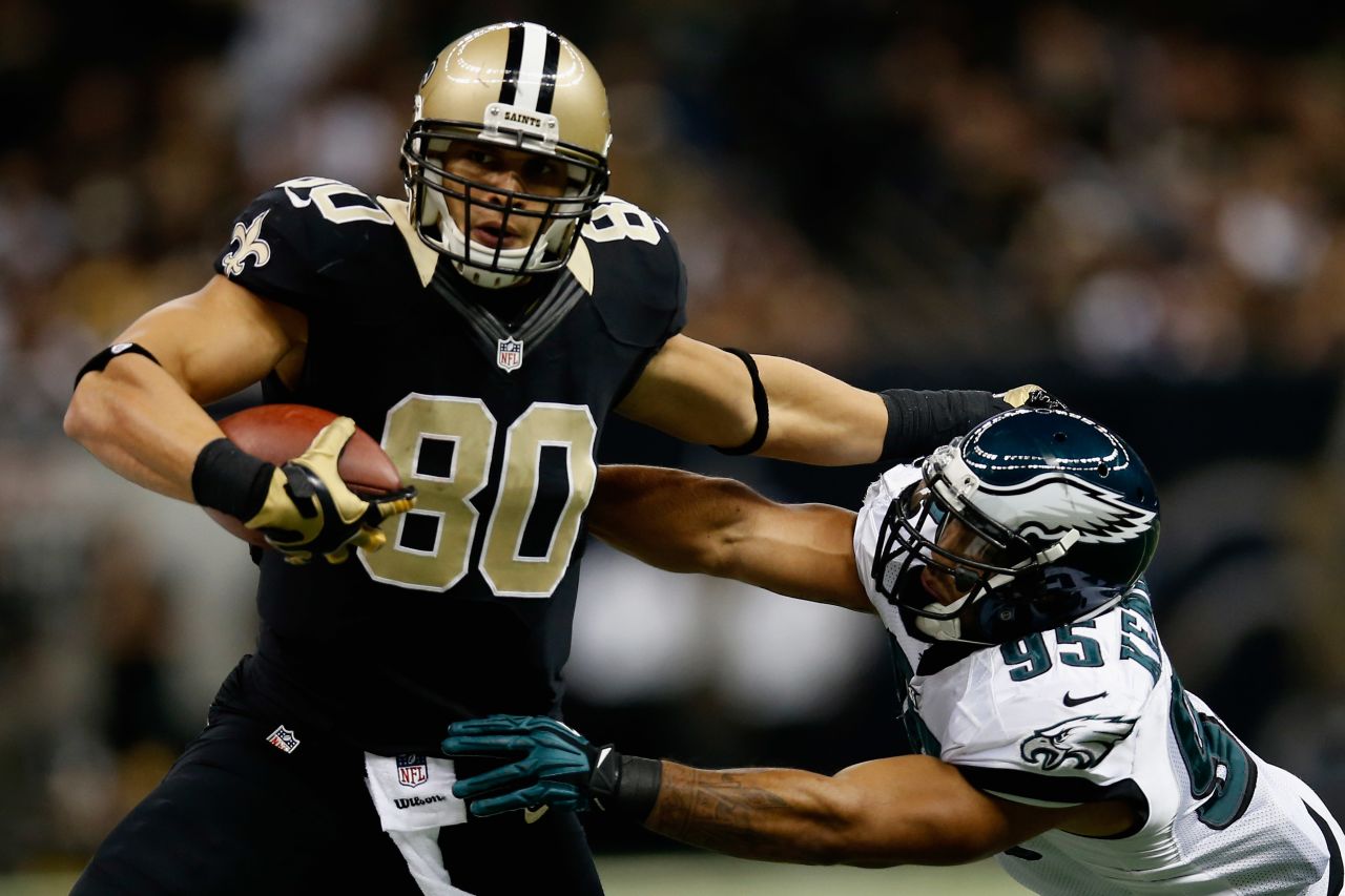 Jimmy Graham of the New Orleans Saints is pushed out of bounds by Mychal Kendricks of the Philadelphia Eagles on Monday, November 5, at the Mercedes-Benz Superdome in New Orleans. Check out the action from Week 9 of the NFL, or <a href="http://www.cnn.com/2012/10/25/worldsport/gallery/nfl-week-8/index.html">look back at the best from Week 8</a>.