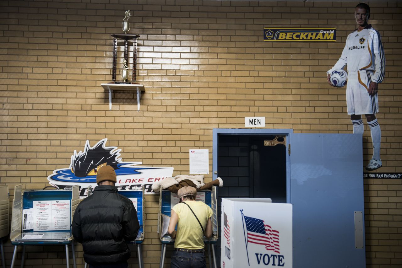 Voters mark paper ballots at Halloran Skating Rink in Cleveland, Ohio.