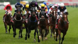 Brett Prebble riding Green Moon crosses the finish line to win the 2012 Melbourne Cup. The six-year-old Bay Stallion is owned by Australian businessman Lloyd Williams who now has four Cup wins. Green Moon defeated the Gai Waterhouse-trained Fiorente, with Jakkalberry third.