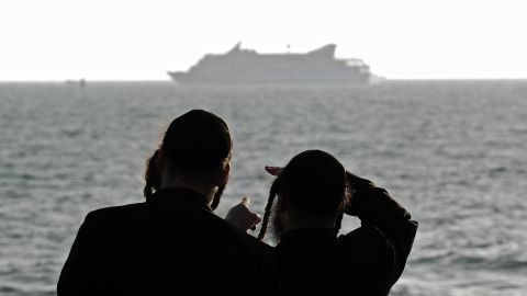 Two ultra-Orthodox Jews look at Turkish aid ship Mavi Marmara off  Israel on May 31, 2010.
