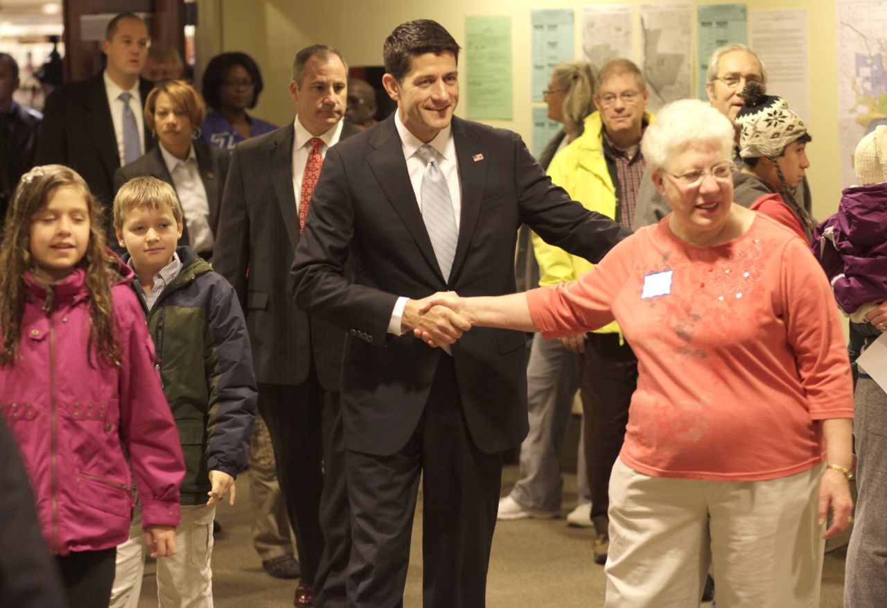 Republican vice presidential candidate U.S. Rep. Paul Ryan and his family head to the polls in Janesville, Wisconsin.