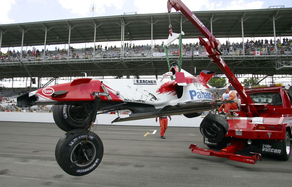 A puncture during practice caused Ralf Schumacher's Toyota to crash at the banked final turn -- the fastest part of the track -- sparking the controversy that led to so few cars starting the race.