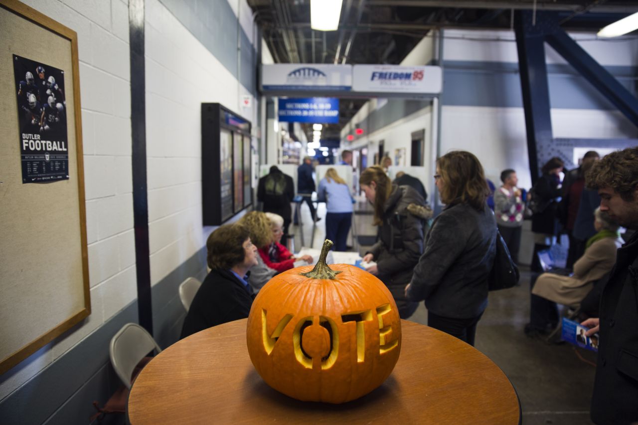 A carved pumpkin greets voters at Hinkle Fieldhouse in Indianapolis, Indiana.