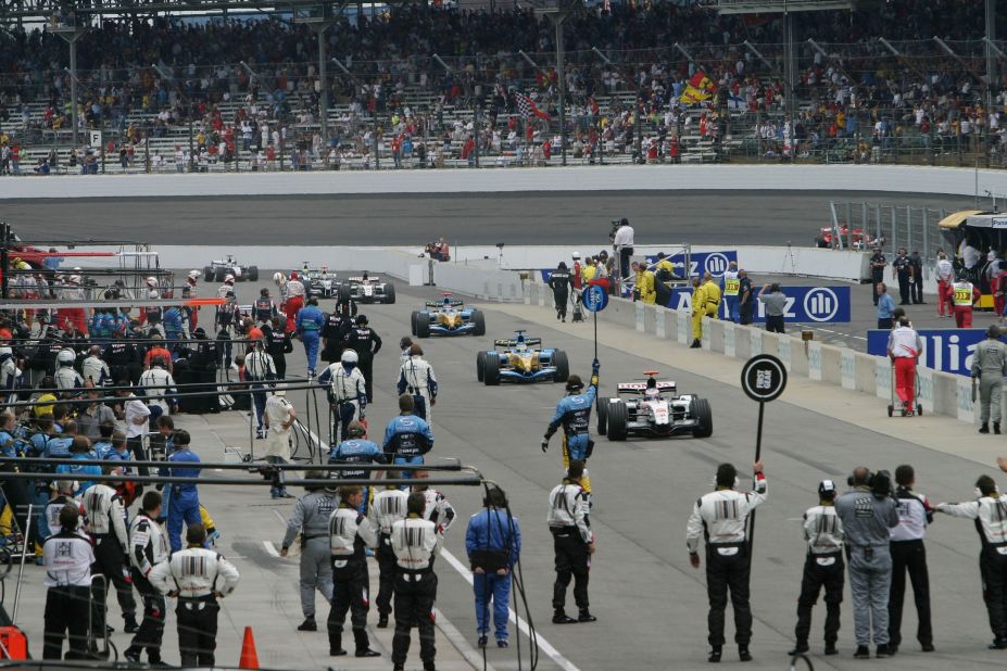 A dispute over tire safety saw the 2005 U.S. GP at Indianapolis descend into farce. Only six cars contested the race as the rest of the field peeled off into the pits before it began.