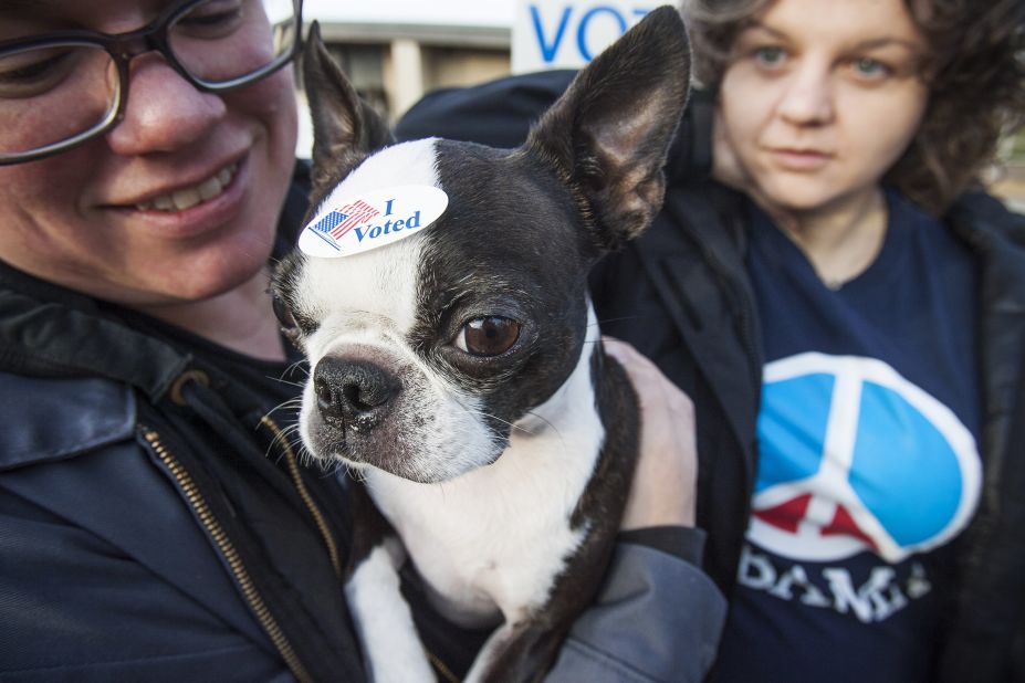 Amy O'Neill, left, and Michelle Nowakowski show off an "I Voted" sticker on their Boston terrier Penny in Milwaukee, Wisconsin.