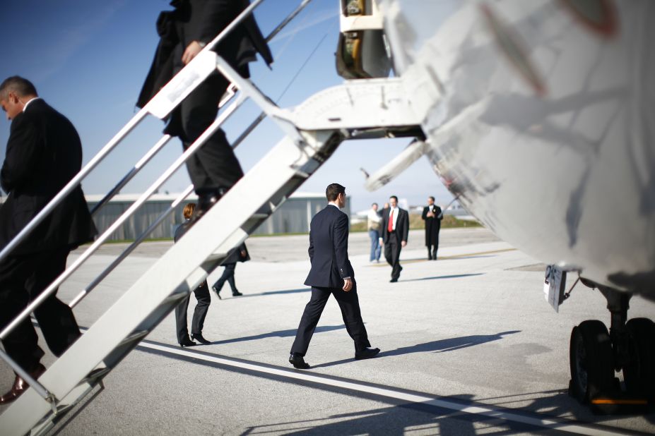 Republican vice presidential candidate Paul Ryan left a campaign plane in Cleveland, Ohio.