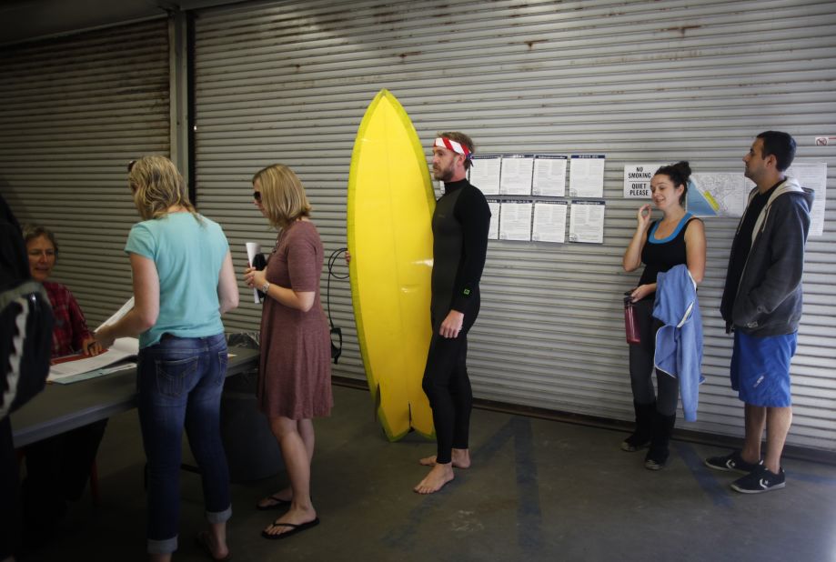 Mike Wegart, 30, stood in line to vote at the Venice Beach lifeguard station in Los Angeles. 