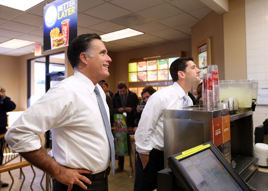 Republican presidential candidate Mitt Romney and his running mate, Rep. Paul Ryan, order food at a Wendy's restuarant in Richmond Heights, Ohio, on Tuesday.