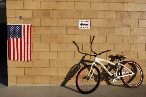 A voter's bicycle leaned against a wall at a lifeguard station, home to a polling place in Hermosa Beach, California. 