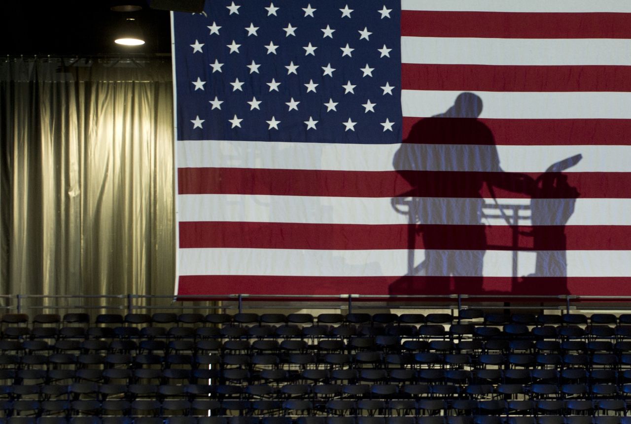 Workers prepared for President Barack Obama's election night rally at McCormick Place in Chicago, Illinois.