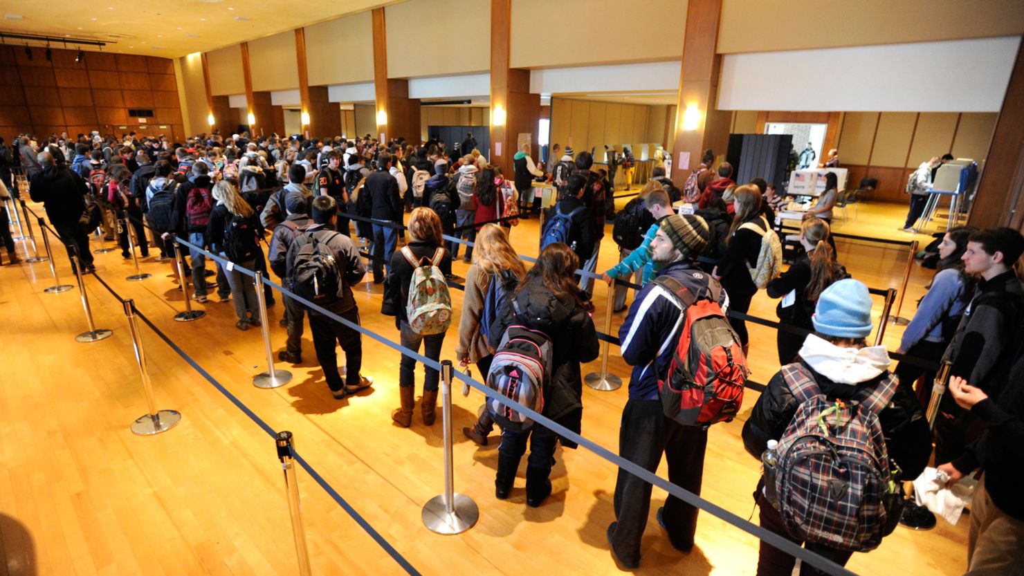 Penn State University students wait in line to vote on campus in State College, Pennsylvania.