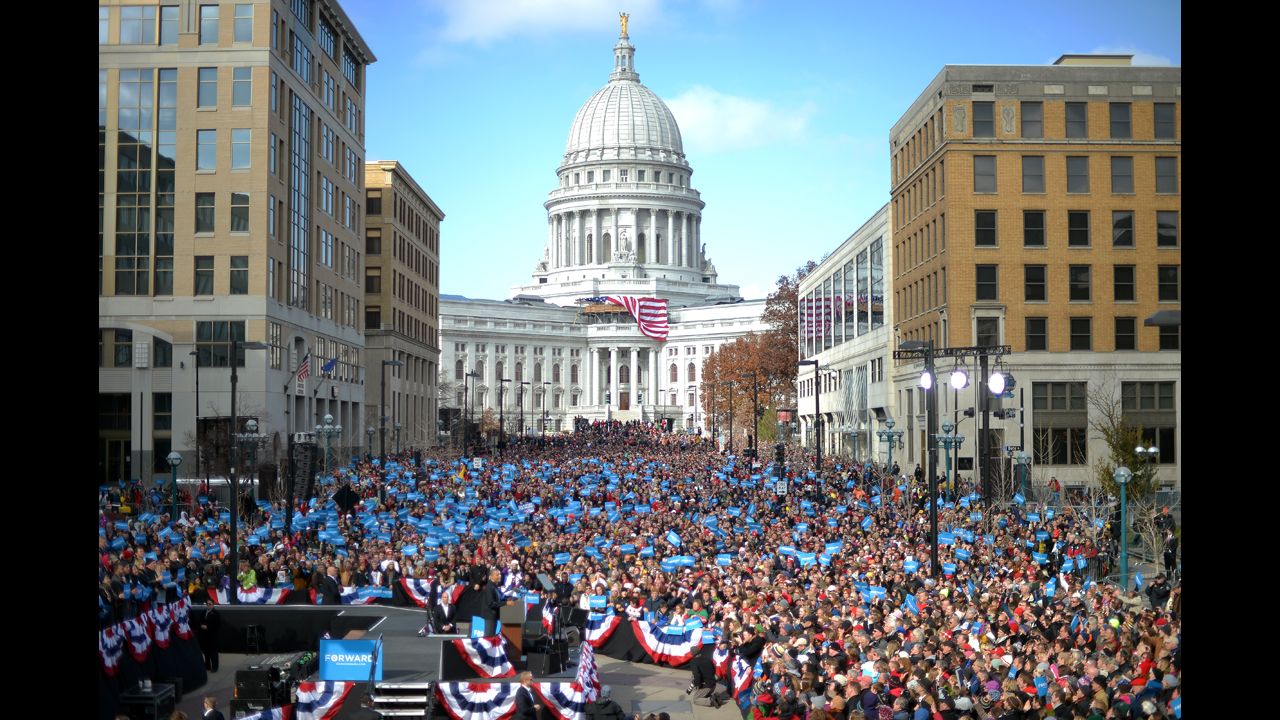 Obama, lower left, speaks during a campaign rally Monday in Madison, Wisconsin.