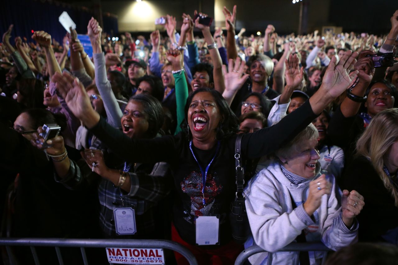 Obama supporters celebrated the president's projected victory at a watch party at McCormick Place in Chicago, Illinois. 