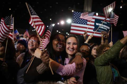 President Obama's young supporters in Chicago cheered and waved flags.  